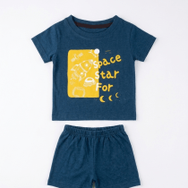 A blue short-sleeved t-shirt and matching shorts set featuring a yellow graphic print of a rocket, space elements, and the text "Space Star For