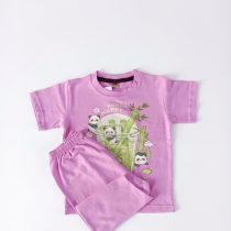 A pink short-sleeved t-shirt and matching shorts set featuring a graphic of pandas in a bamboo drink with the text "Panda Happy.