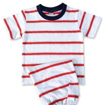 A white short-sleeved t-shirt and matching shorts set featuring horizontal red stripes and a dark blue collar.