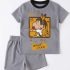 A flat lay photograph of a boys' grey athletic mesh short-sleeve t-shirt and matching shorts set, presented against a plain white background. The t-shirt features a colorful cartoon graphic of Crayon Shin-chan in a yellow costume, with text elements like "BOY" and "MNMF UXKR