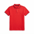 A professional studio flat-lay of a bright red pique polo shirt featuring a neat collar, short sleeves, and button placket, displayed on a clean white background.