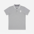 A studio flat-lay of a light grey pique polo shirt with a white signature logo on the chest, displayed on a clean white background.