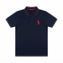 Professional studio flat-lay of a navy blue pique polo shirt featuring red and green striped trim on the collar and sleeves, displayed on a clean white background