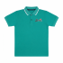 Professional studio flat-lay of a vibrant teal pique polo shirt featuring a "Smile" graphic with a red heart on the chest, presented on a pure white background.