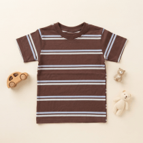 Brown striped kids T-shirt with light blue and white stripes flatlay