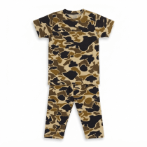 A studio-style flat-lay product photograph of a kids' camouflage pattern short-sleeve t-shirt and matching pajama pants on a plain white background.