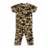 A studio-style flat-lay product photograph of a kids' camouflage pattern short-sleeve t-shirt and matching pajama pants on a plain white background.