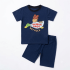 A flat lay studio photograph of a kids' navy blue t-shirt and shorts set, laid out on a white background. The t-shirt displays a colorful graphic of a stylized duck with 'HUMAN MADE' and 'DRY ALLS' text.