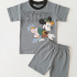 A flat lay studio photograph of a toddler boys' grey t-shirt and shorts set, laid out on a light-colored textured background. The t-shirt features a graphic print of Mickey Mouse roller skating with the word "PSYCHED" above him.
