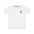 Close-up flat lay view of a white cotton crew neck t-shirt featuring a detailed embroidered cartoon character of a walking grey sneaker on the lower right chest.